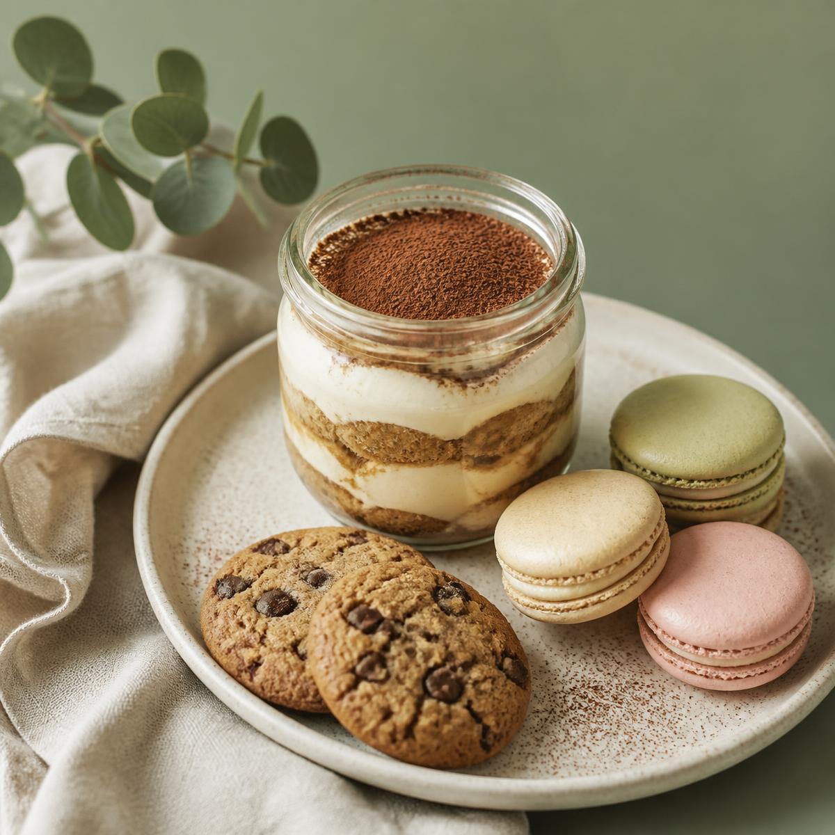 Tiramisu vegan en pot de verre, cookies et macarons sur une assiette en céramique