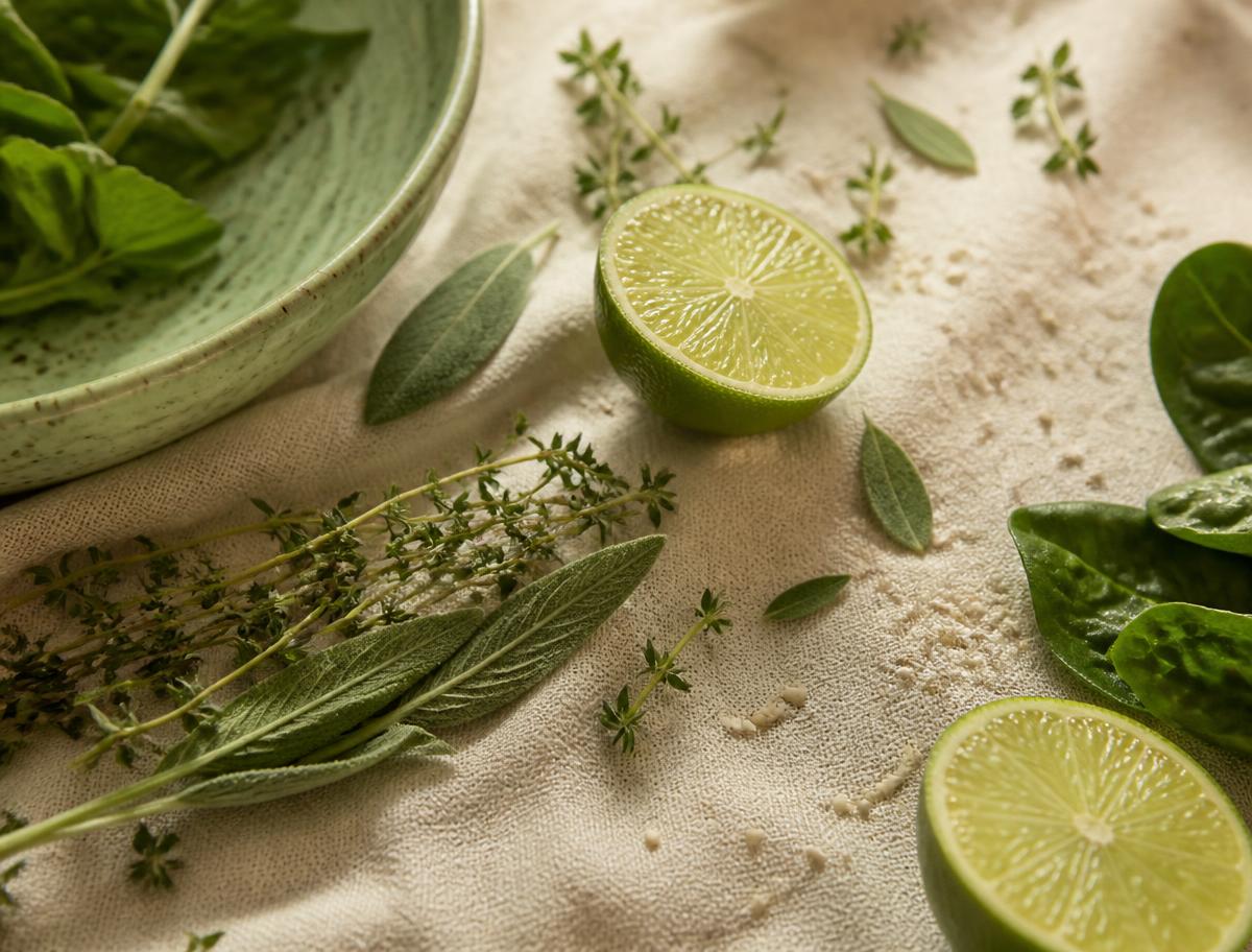 Herbes fraîches, citrons verts et jeunes pousses sur une nappe de lin