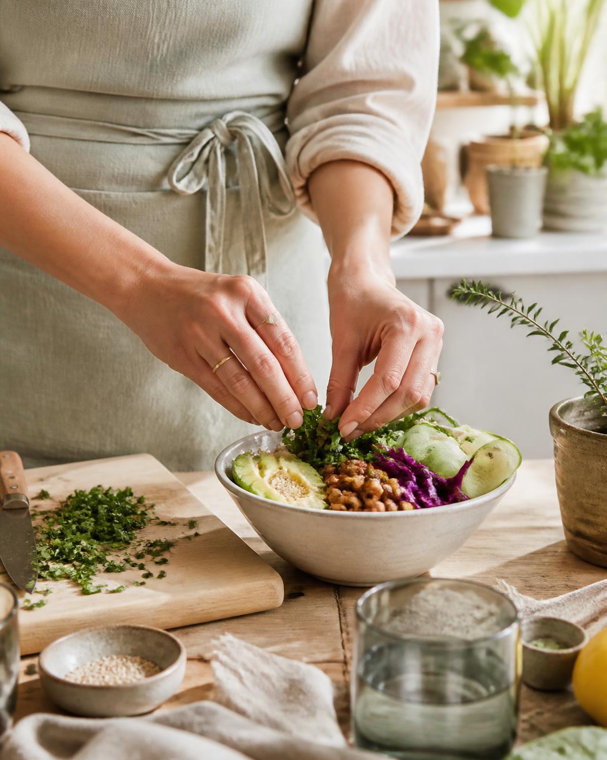 Mains dressant un bowl végétal, herbes fraîches sur planche en bois